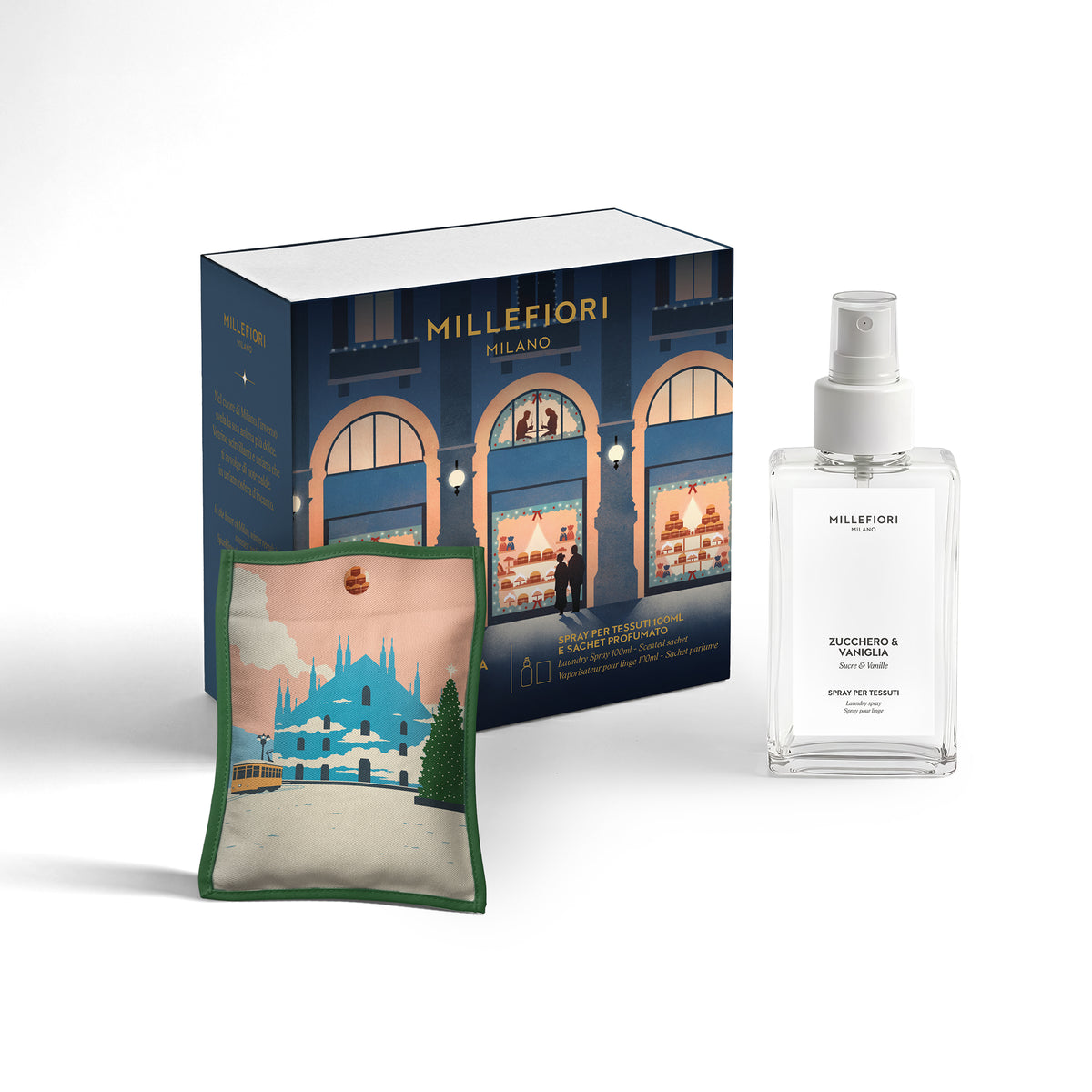 Confezione regalo Natale spray tessuti 100 ml e sachet Zucchero & Vaniglia